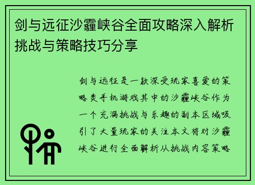 剑与远征沙霾峡谷全面攻略深入解析挑战与策略技巧分享